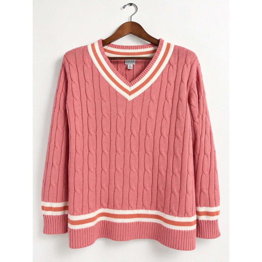 Joan Rivers Women's M Pink White Striped Cable Knit V-Neck Sweater Cotton Preppy